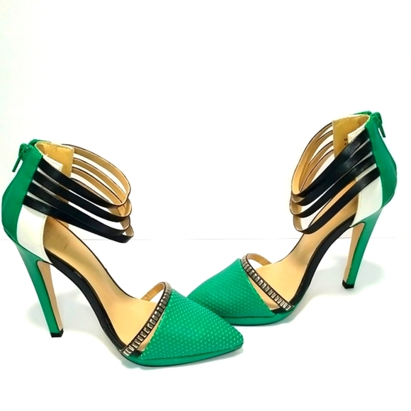 Beau + Ashe Cage Pointed Toe Stiletto Heels Size 6 Teal Green White & Black Desi - Picture 5 of 7